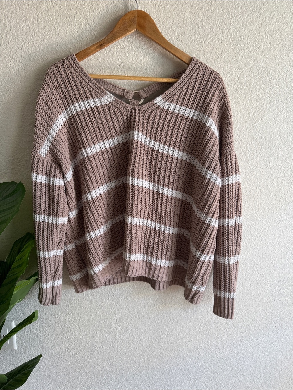Love By Design Taupe and White Striped V-Neck Pullover
